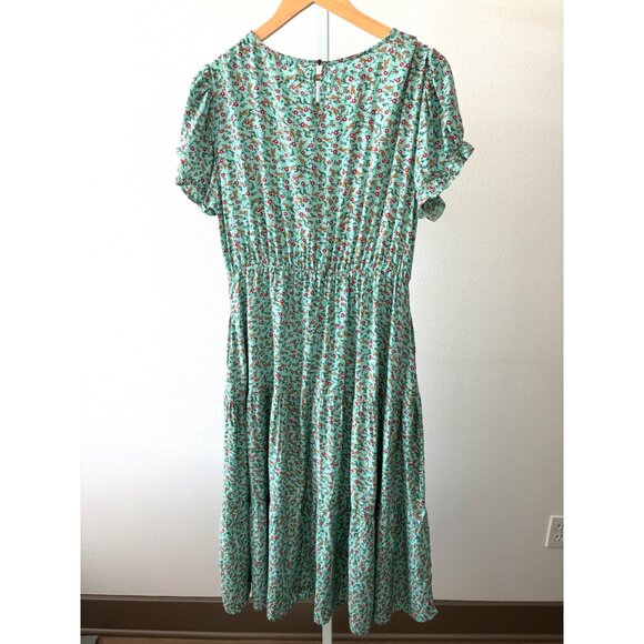 Floral Dress L Tiered Pockets Midi Puff Sleeve Cottagecore Casual Boho Fairycore - Picture 10 of 10